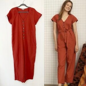 Madewell Linen Blend Pleated Sleeve Rust Orange  Jumpsuit Ankle Length Sz 14 **